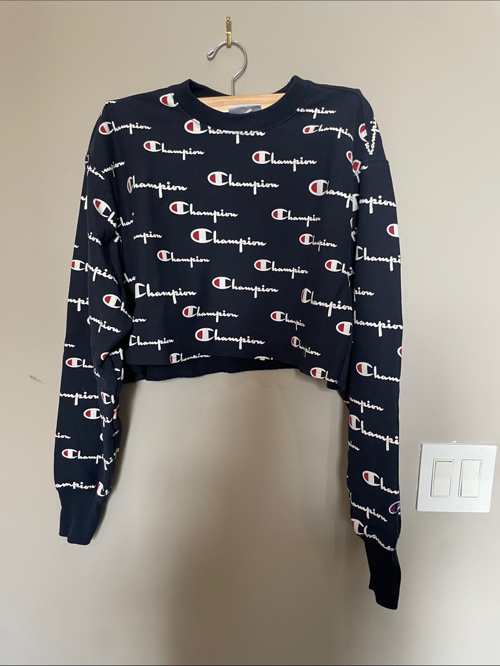 Champion Black Cropped All-Over Logo Sweatshirt with Red & White Accents